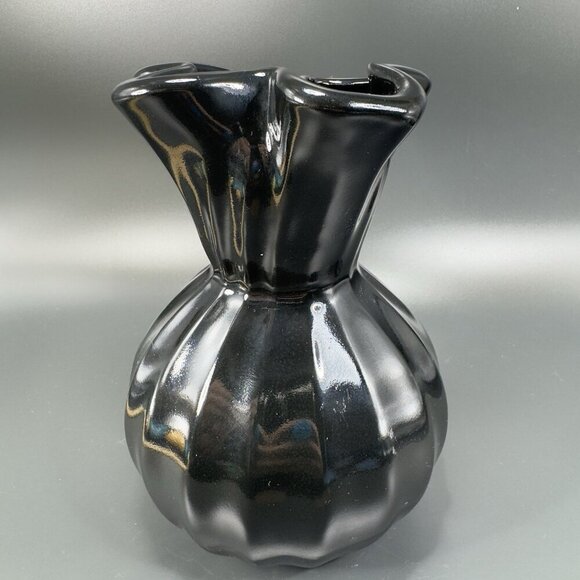 Vintage Haeger Black Paper Bag Shaped Pottery Vase Vessel Glazed Made In USA VTG - Picture 6 of 12
